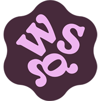 A dark purple badge features the letters S, O, S, and W in pink, stylized and rotated in different directions. The letters are positioned near the center of the badge.