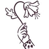 A simple line drawing of a hand holding a flower with drooping petals and leaves. The flowers stem is curved, and the hand is shown with a sleeve featuring a polka dot pattern.
