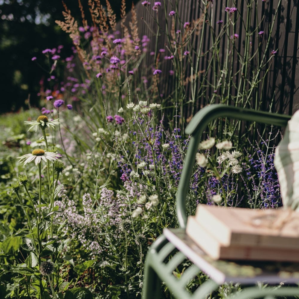 In the foreground, a green metal chair with books is partially visible. In the background, a We Say Grows Calm Flower Bed Collection featuring wildflowers like white daisies and purple flowers lines a wooden fence.