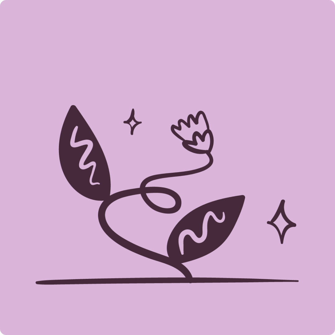 Simple illustration of a stylized flower with two leaves and a wavy stem, set against a purple background. Sparkles are scattered near the flower and leaves.