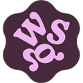 The image shows a dark purple, scalloped-edged square with stylized pink letters reading SWS arranged in a circular pattern in the center.